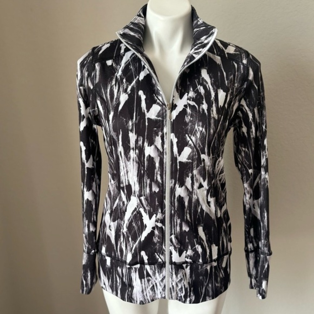Sno Skins‎ Full Zip Black White Microfiber Stretch Jacket Back Pocket Women Sz M